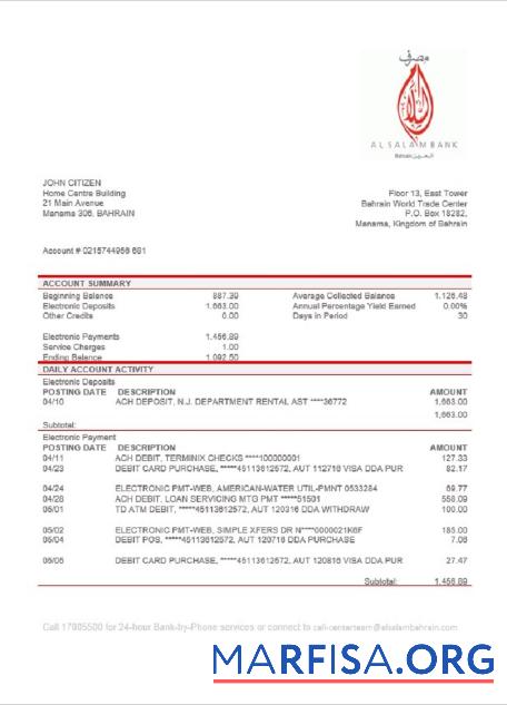 Blank Bahrain Al Salam bank statement word example